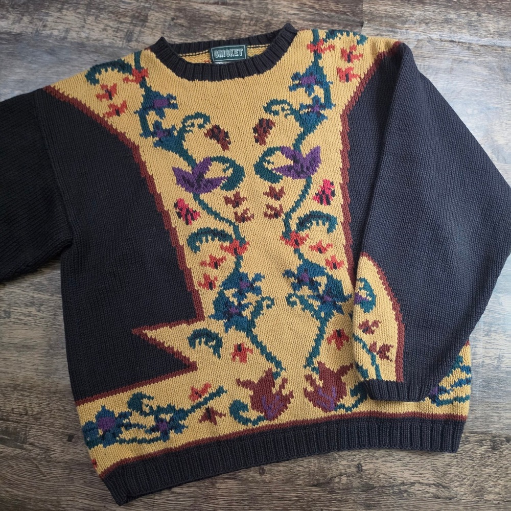 CRICKET Sweater Womens M/L Black Yellow Floral Hand Knitted Cotton Crewneck‎